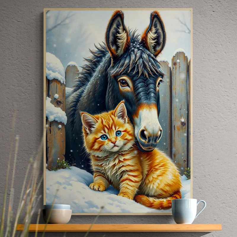 5D Diamond Painting – Winterfreunde: Esel & Kätzchen