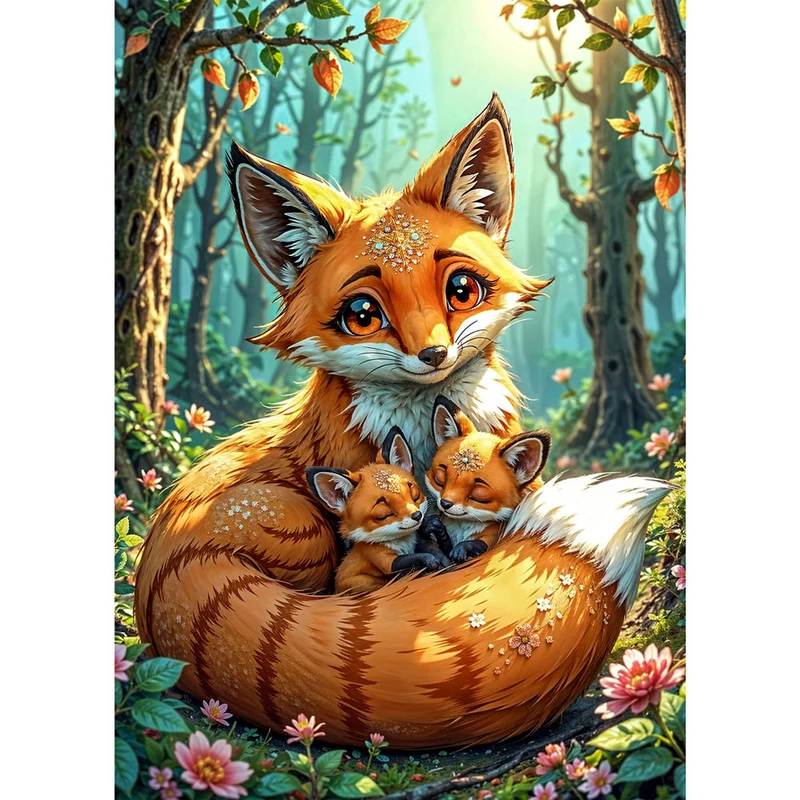 5D Diamond Painting – Fuchsfamilie im Zauberwald