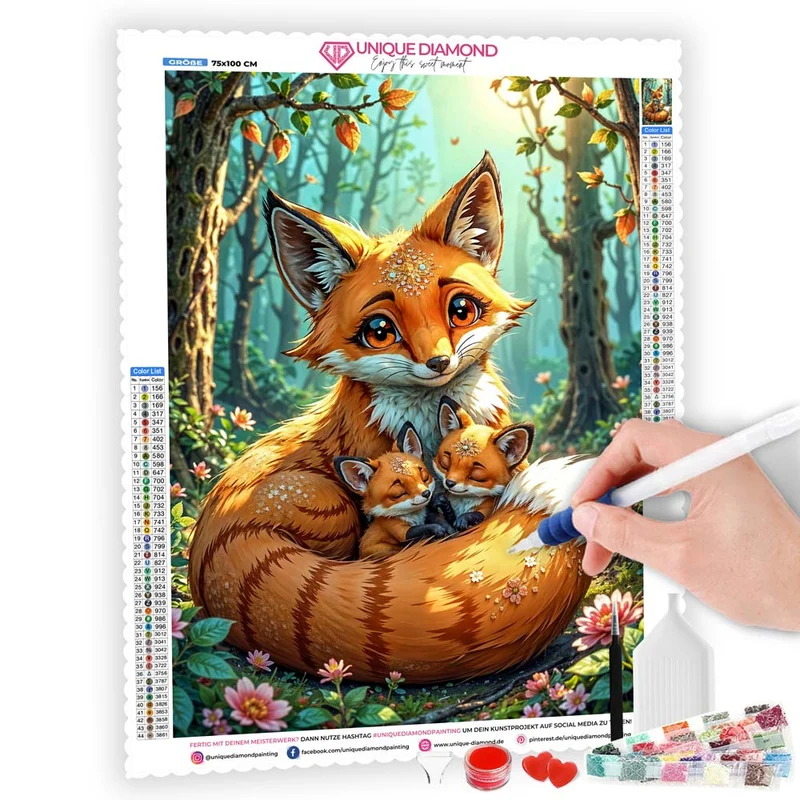 5D Diamond Painting – Fuchsfamilie im Zauberwald