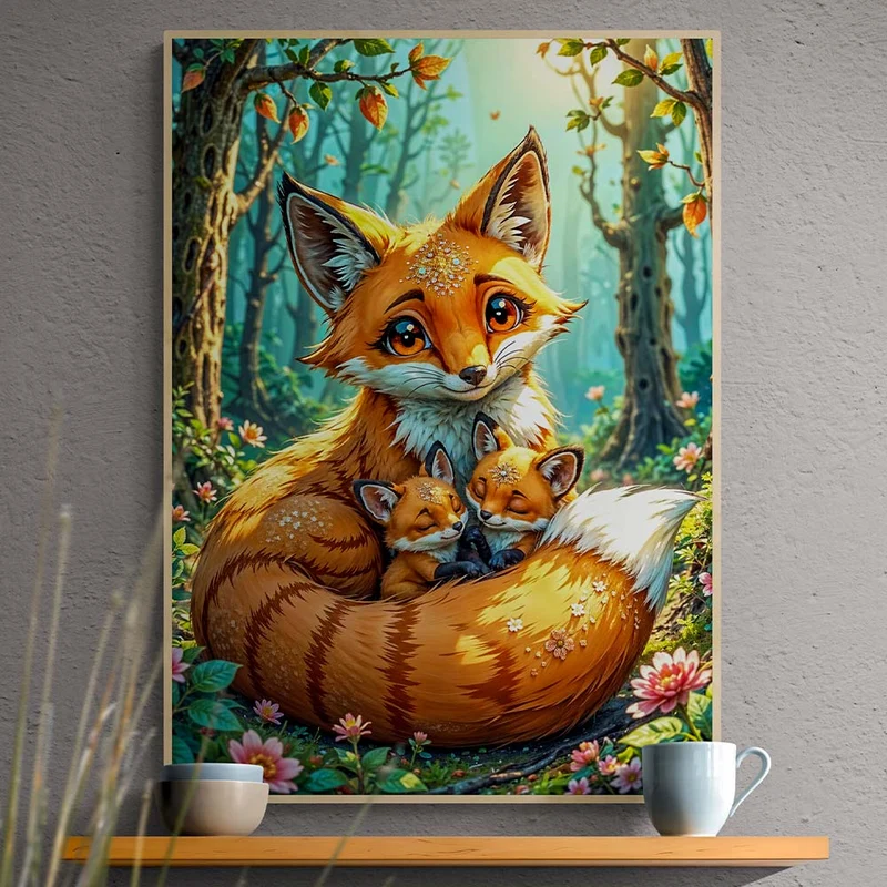 5D Diamond Painting – Fuchsfamilie im Zauberwald