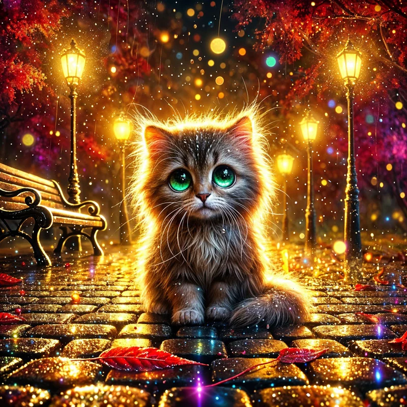 5D Diamond Painting – Laternenkatze im Lichterregen