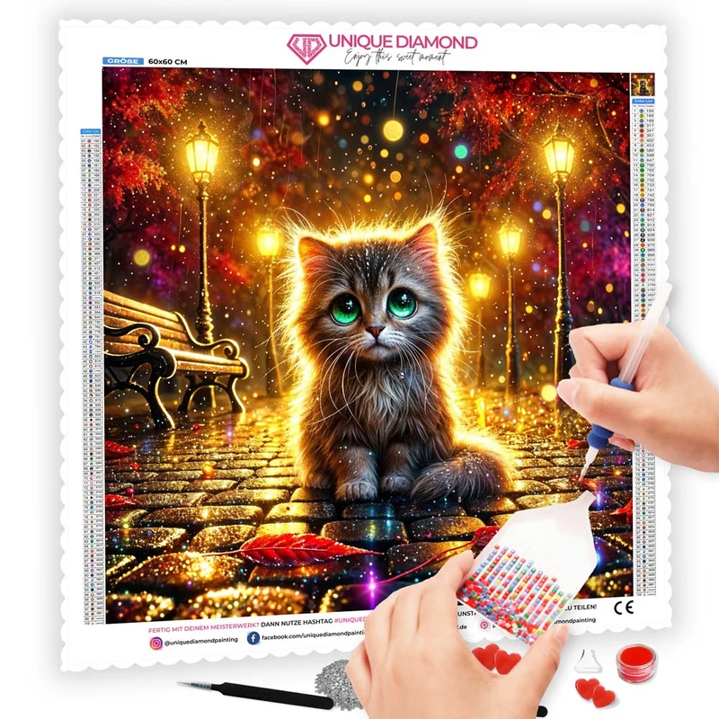 5D Diamond Painting – Laternenkatze im Lichterregen