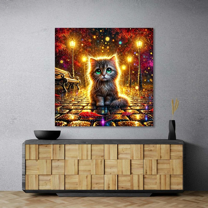 5D Diamond Painting – Laternenkatze im Lichterregen