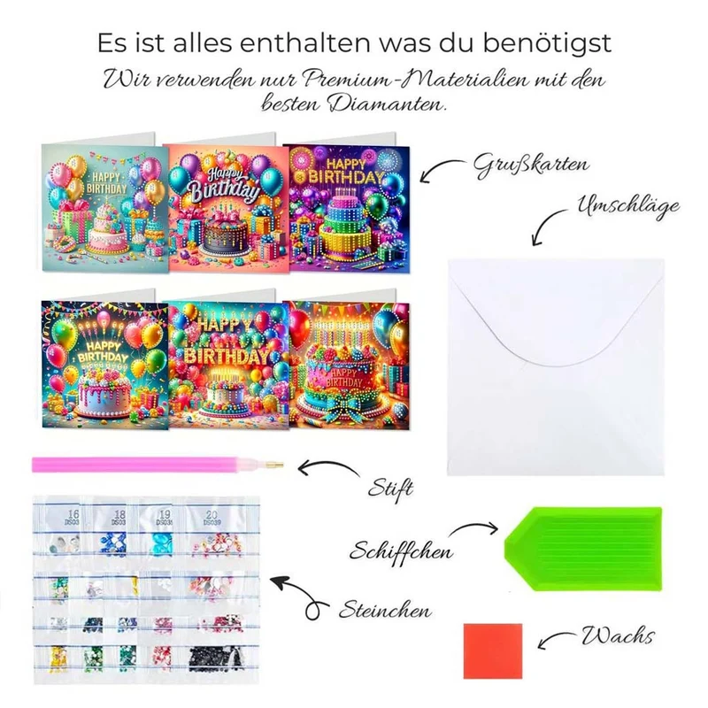 5D Diamond Painting Grußkarten – Geburtstagsfreude 6 Stück