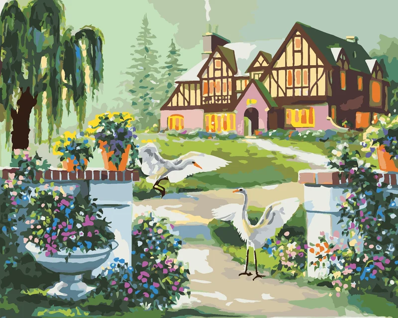 Diamond painting - REIHER AM ROSA HAUS IN DER MORGENDÄMMERUNG (D. RUSTY RUST)