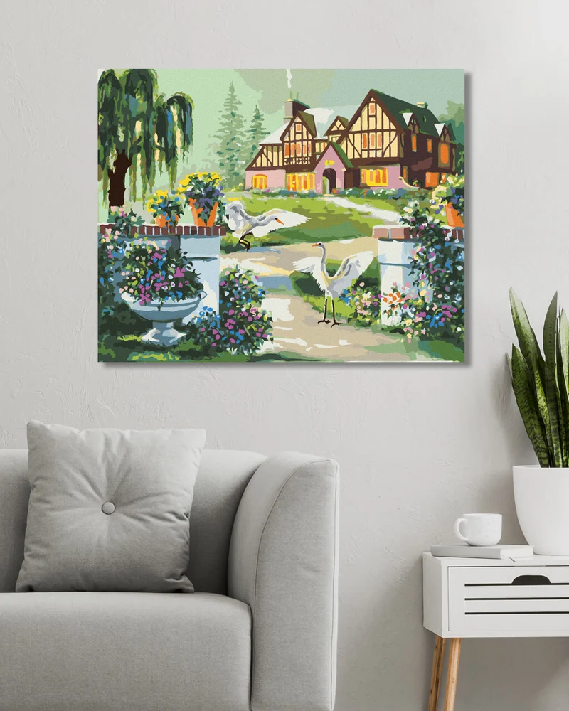 Diamond painting - REIHER AM ROSA HAUS IN DER MORGENDÄMMERUNG (D. RUSTY RUST)