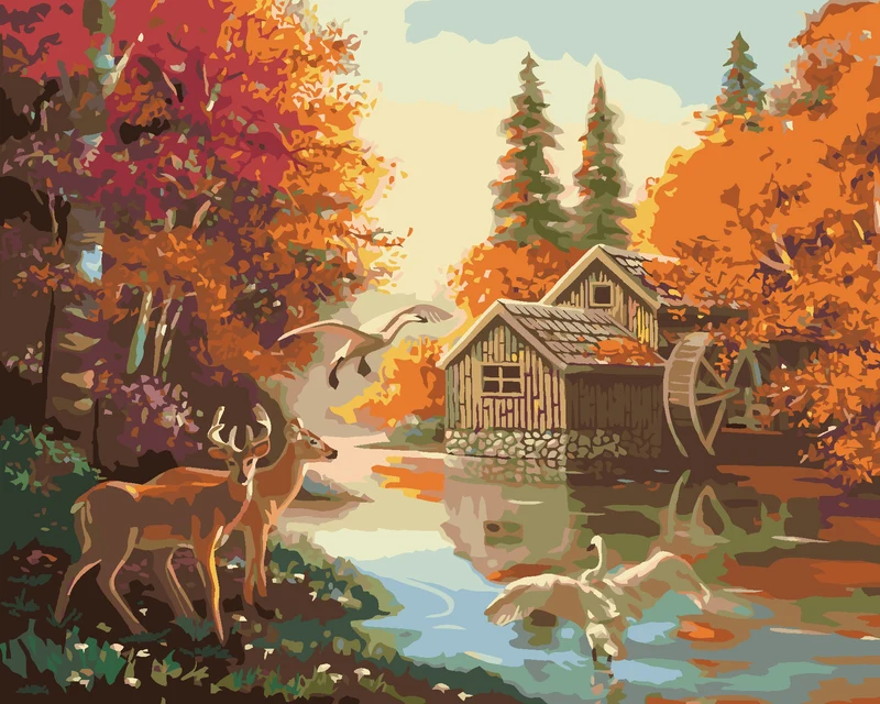 Diamond painting - WASSERMÜHLE UND WILDE TIERE (D. RUSTY RUST)