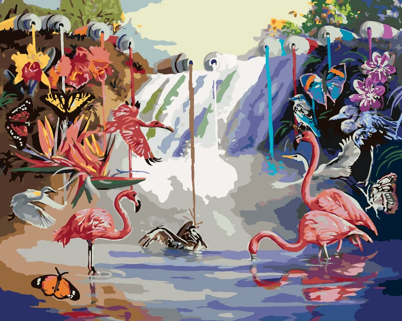 Diamond painting - WASSERFALL DER FARBEN, VÖGEL, BLUMEN UND SCHMETTERLINGE (D. RUSTY RUST)