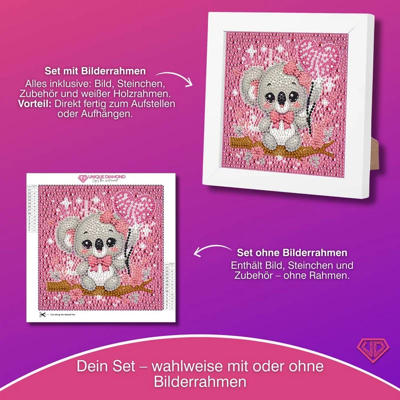 5D Diamond Painting Koala-Mädchen Lani mit Herzballon mit Strasssteinchen