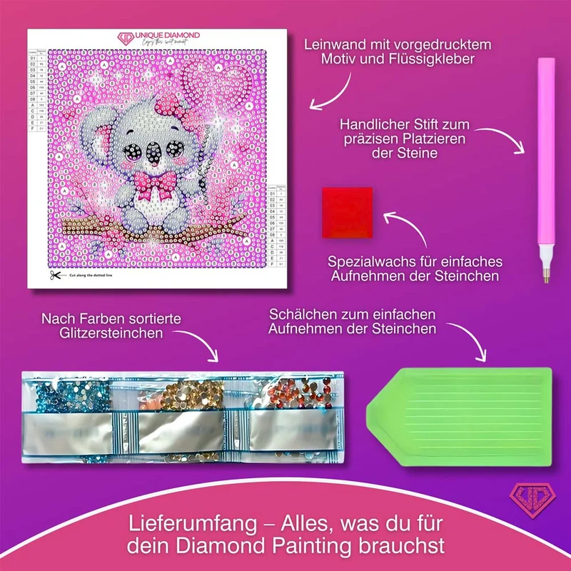 5D Diamond Painting Koala-Mädchen Lani mit Herzballon mit Strasssteinchen