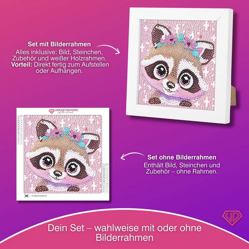 5D Diamond Painting Blütenwaschbär Momo mit Strasssteinchen