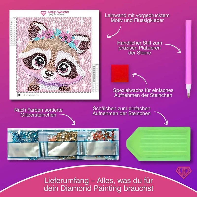 5D Diamond Painting Blütenwaschbär Momo mit Strasssteinchen