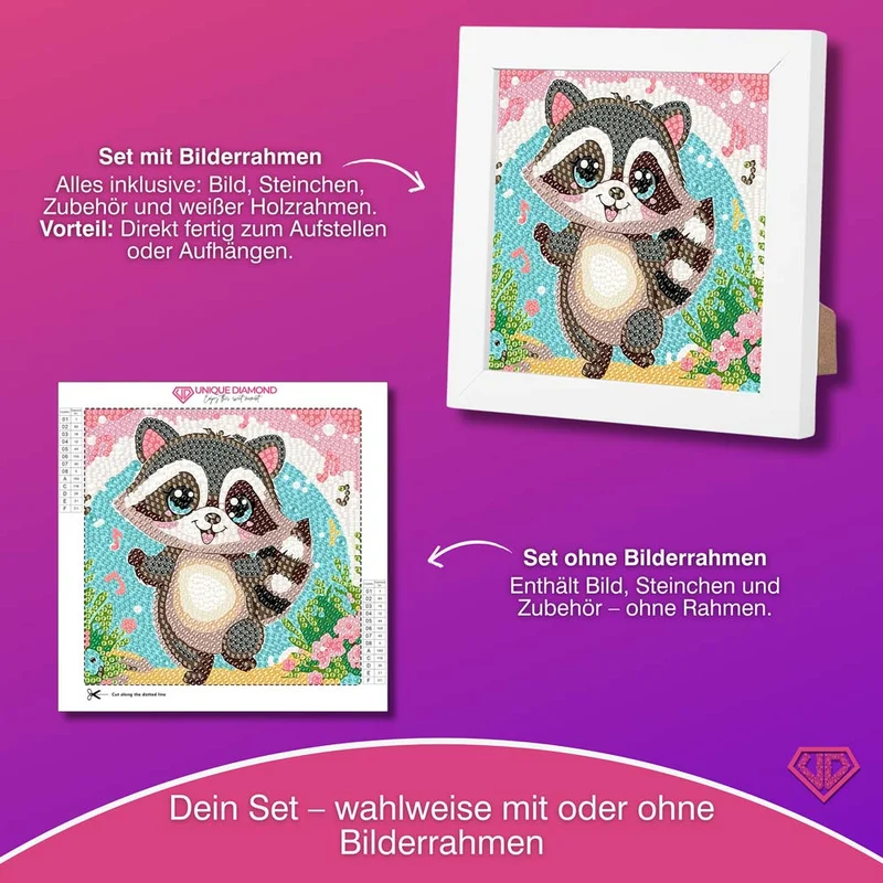 5D Diamond Painting Fröhlicher Waschbär Ricky mit Strasssteinchen