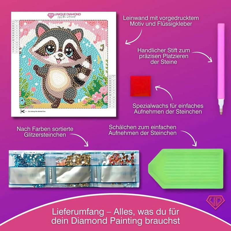 5D Diamond Painting Fröhlicher Waschbär Ricky mit Strasssteinchen