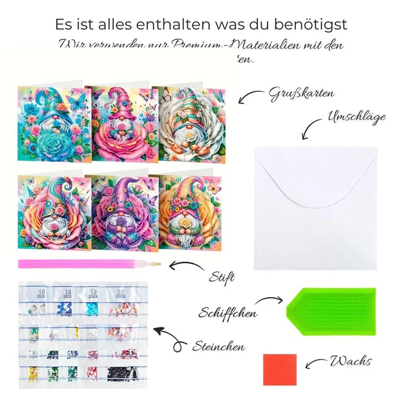 5D Diamond Painting Grußkarten – Wichtel im Blütenzauber 6 Stück