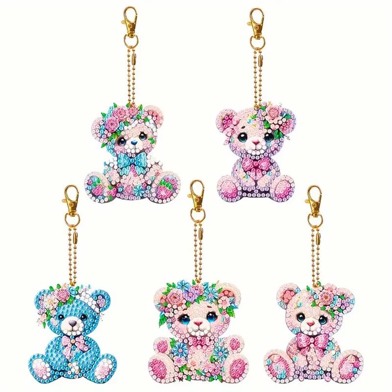5D Diamond Painting Anhänger – Teddys im Blumenparadies 5 Stück