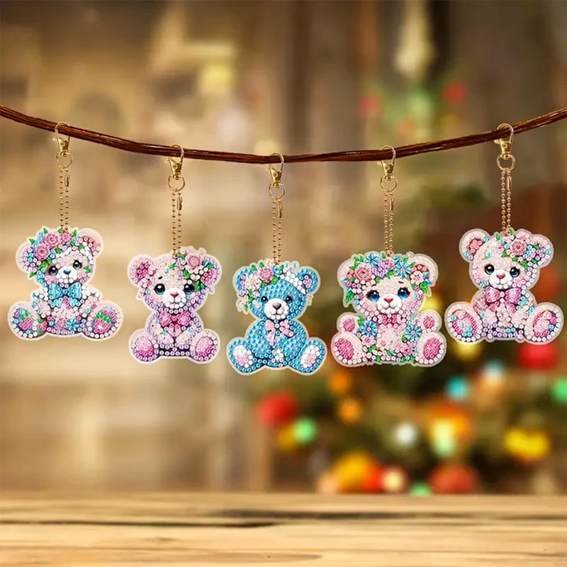 5D Diamond Painting Anhänger – Teddys im Blumenparadies 5 Stück