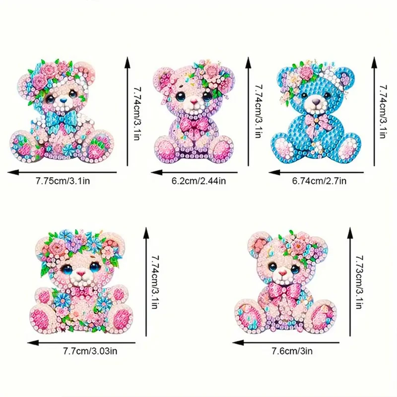 5D Diamond Painting Anhänger – Teddys im Blumenparadies 5 Stück