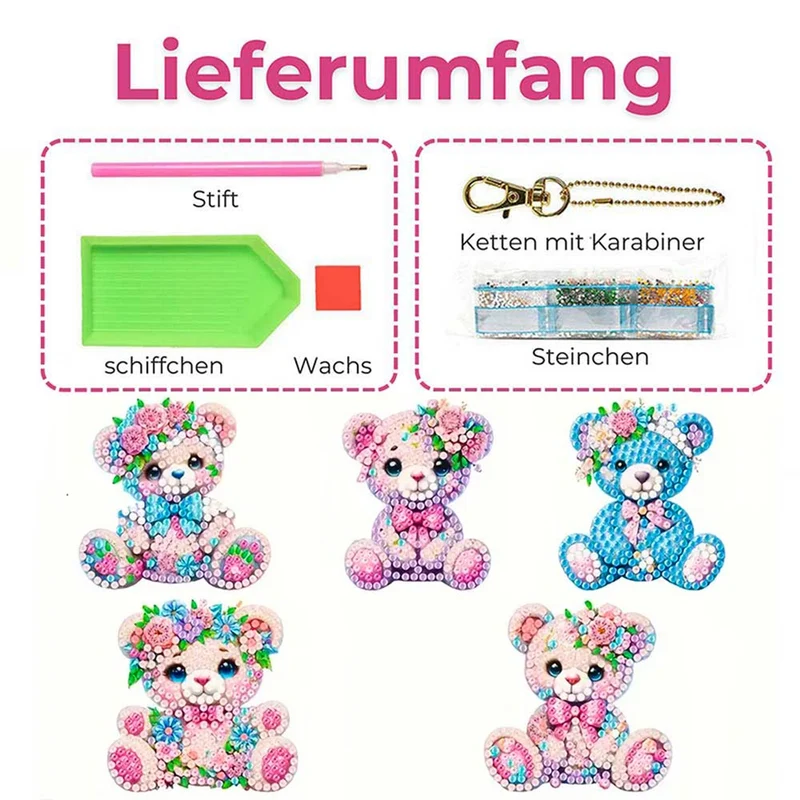 5D Diamond Painting Anhänger – Teddys im Blumenparadies 5 Stück