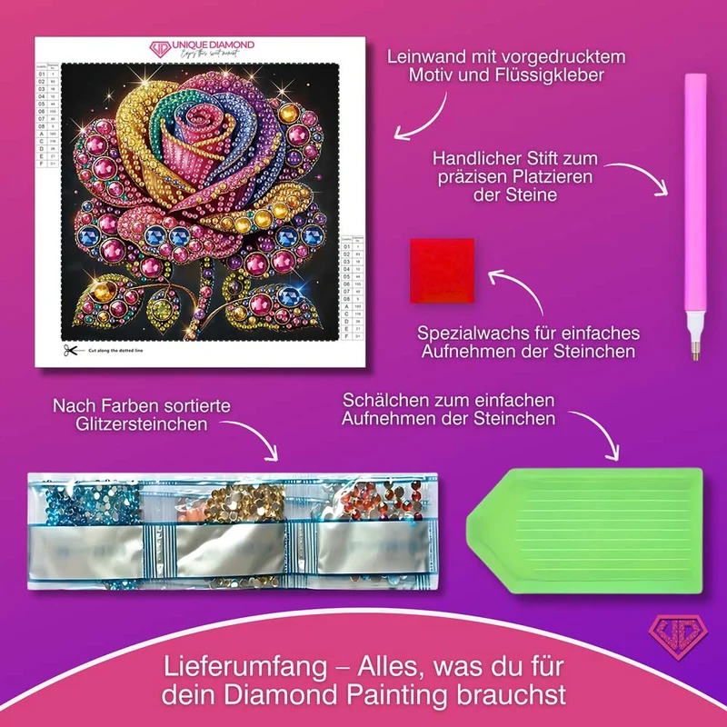 5D Diamond Painting Magische Regenbogenrose mit Strasssteinchen