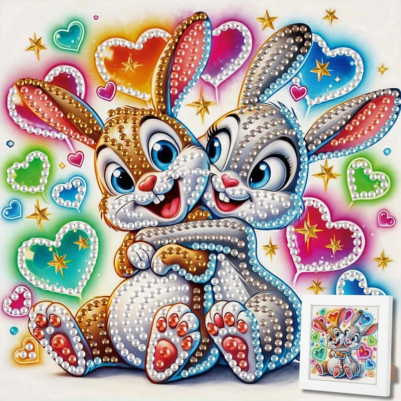 5D Diamond Painting Kuschelnde Häschen Finja & Flocke mit Strasssteinchen
