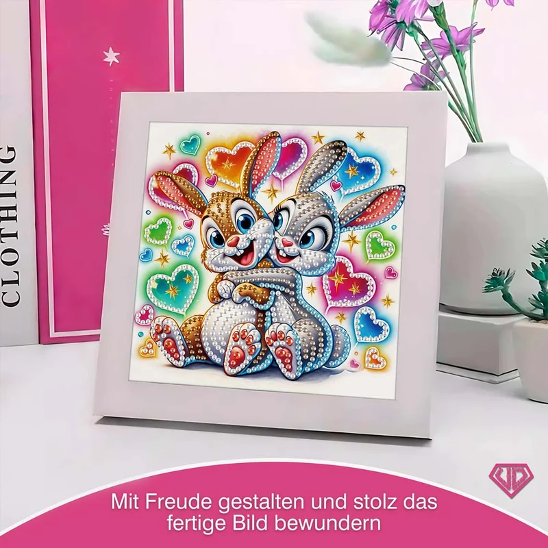 5D Diamond Painting Kuschelnde Häschen Finja & Flocke mit Strasssteinchen