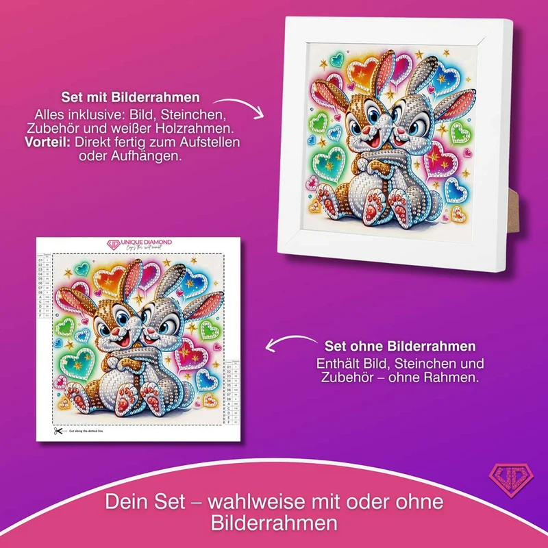 5D Diamond Painting Kuschelnde Häschen Finja & Flocke mit Strasssteinchen