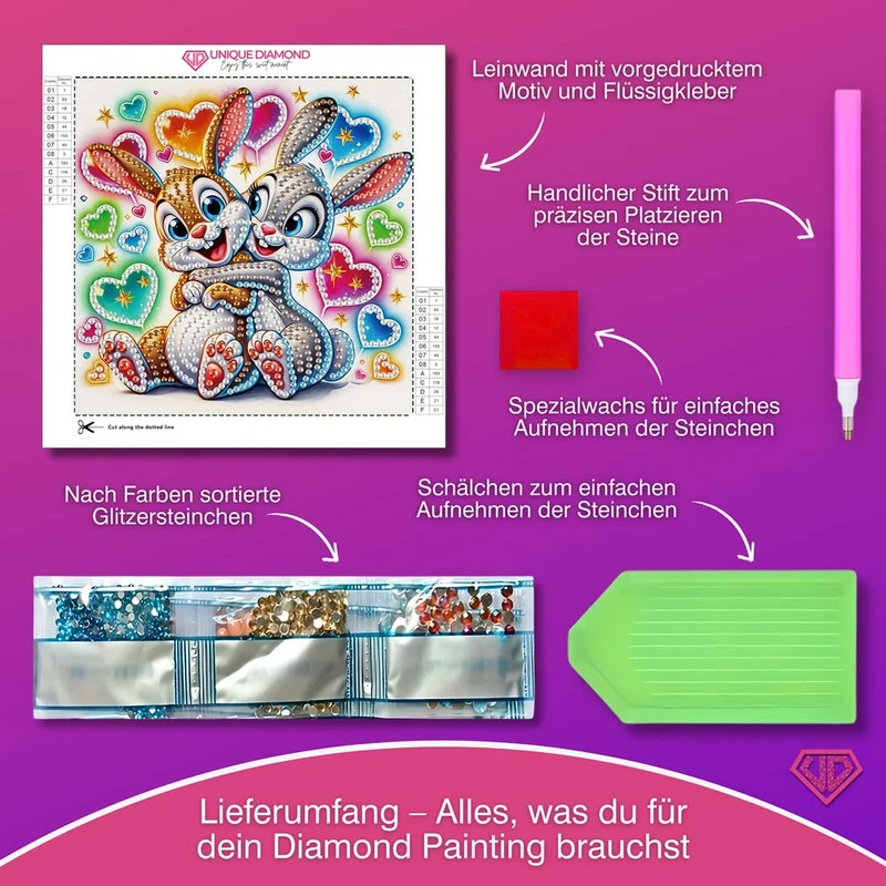 5D Diamond Painting Kuschelnde Häschen Finja & Flocke mit Strasssteinchen