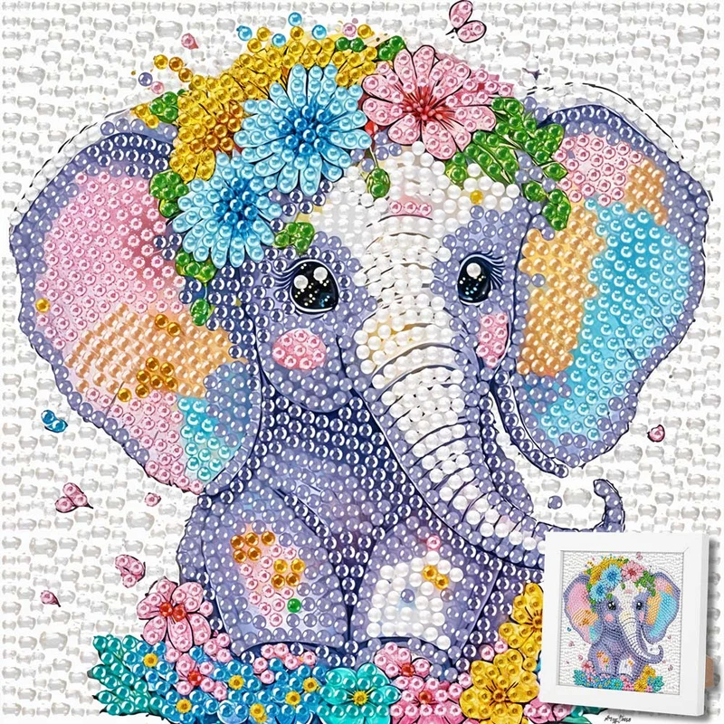 5D Diamond Painting Elefant Elli im Blumenmeer mit Strasssteinchen