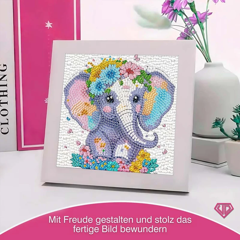 5D Diamond Painting Elefant Elli im Blumenmeer mit Strasssteinchen
