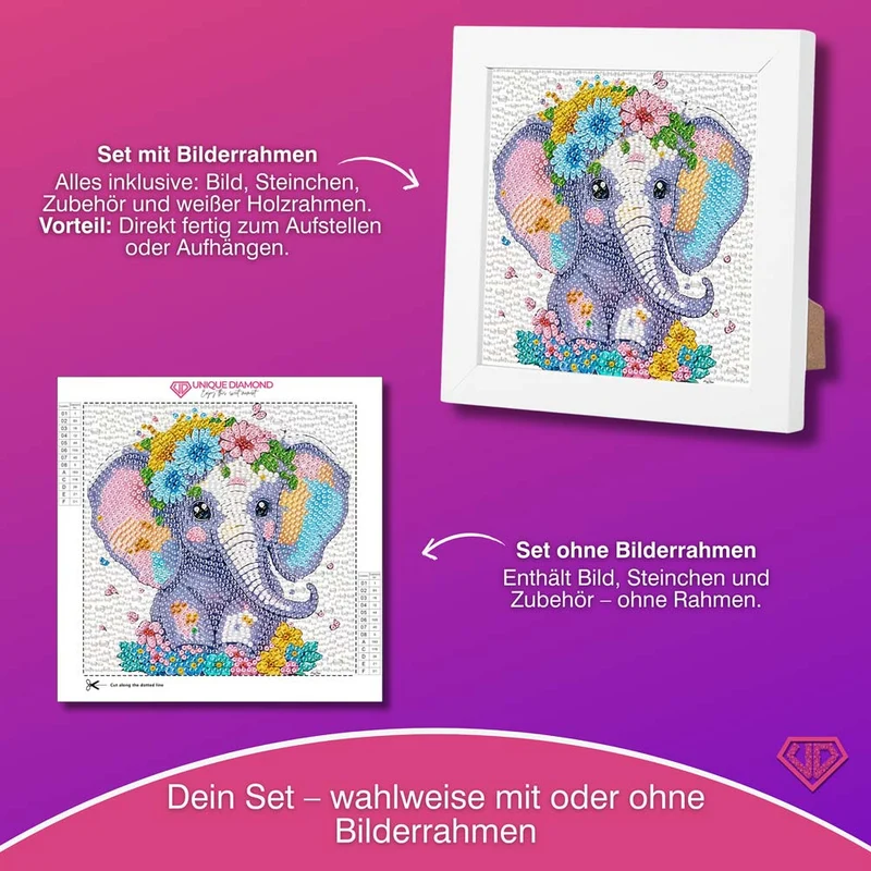 5D Diamond Painting Elefant Elli im Blumenmeer mit Strasssteinchen