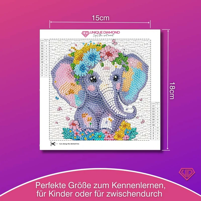 5D Diamond Painting Elefant Elli im Blumenmeer mit Strasssteinchen