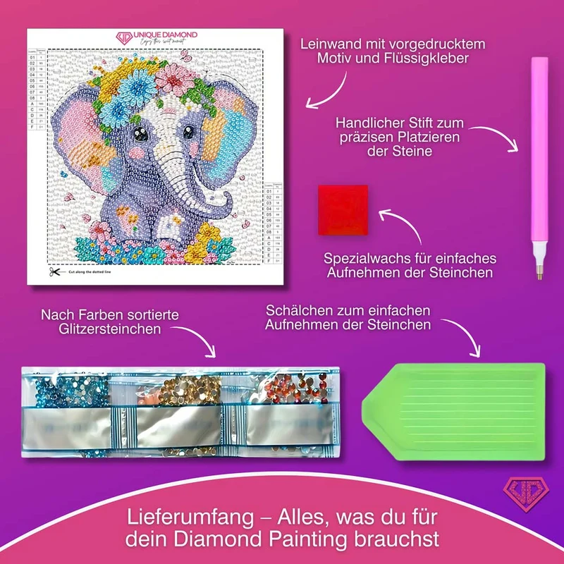 5D Diamond Painting Elefant Elli im Blumenmeer mit Strasssteinchen
