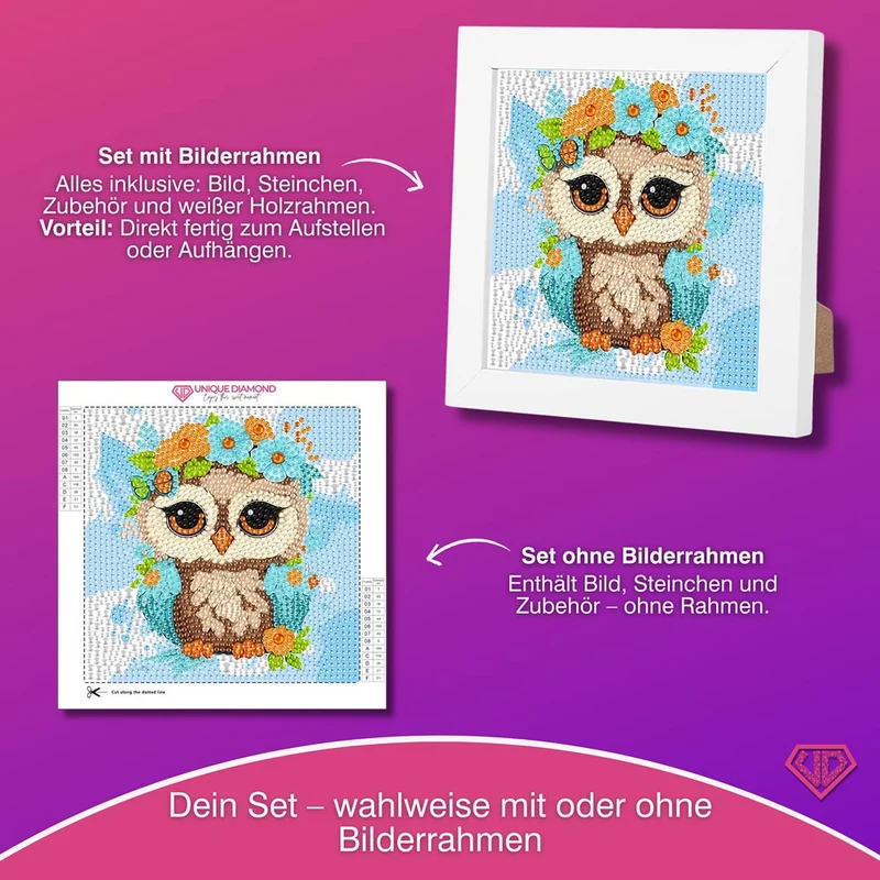 5D Diamond Painting Eulchen Livia im Blütenzauber mit Strasssteinchen