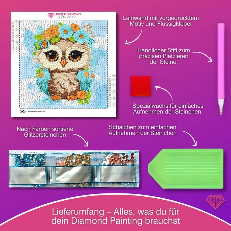 5D Diamond Painting Eulchen Livia im Blütenzauber mit Strasssteinchen