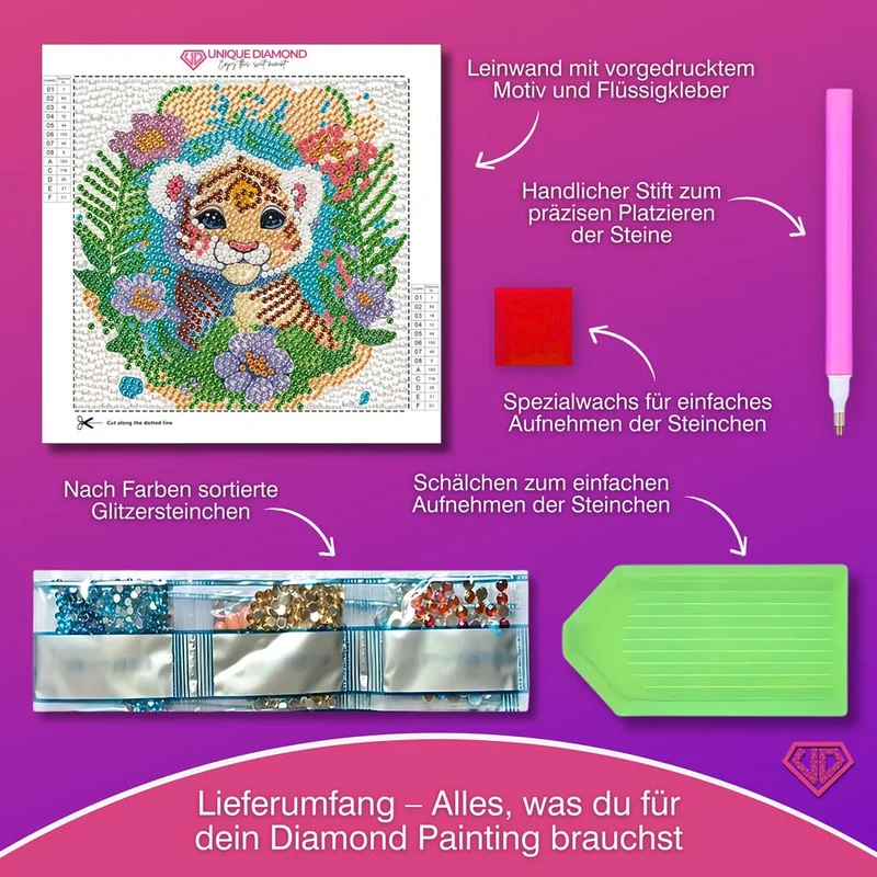 5D Diamond Painting Tigerbaby Tilda im Blütenzauber mit Strasssteinchen