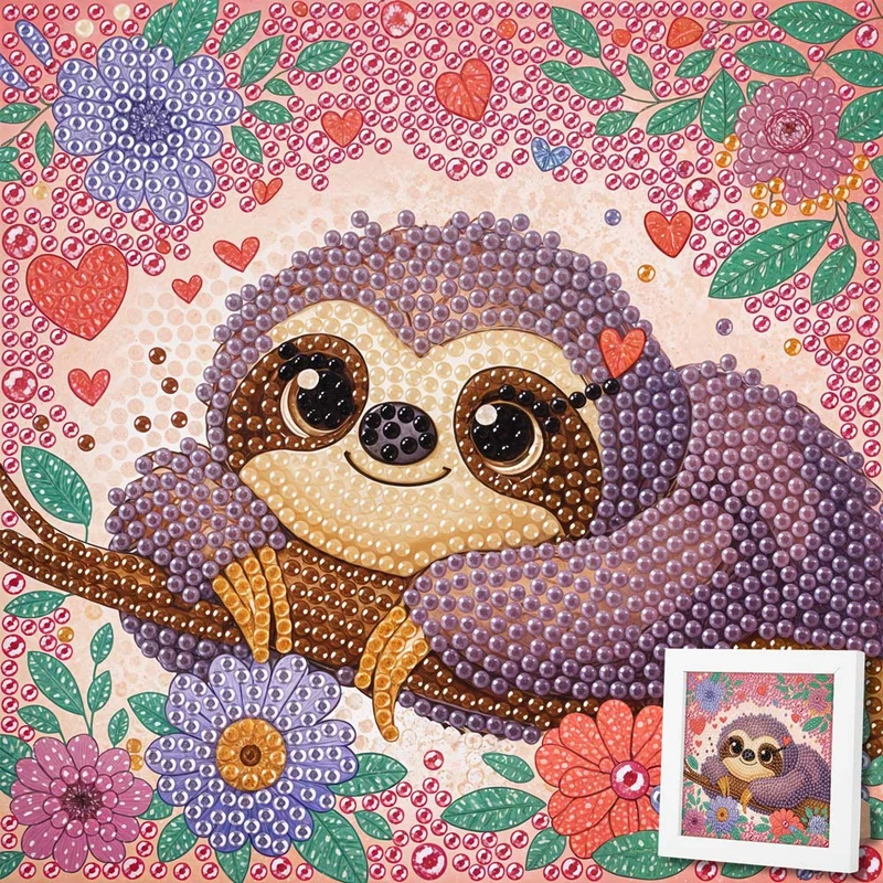 5D Diamond Painting Faultier Flora im Blütenzauber mit Strasssteinchen