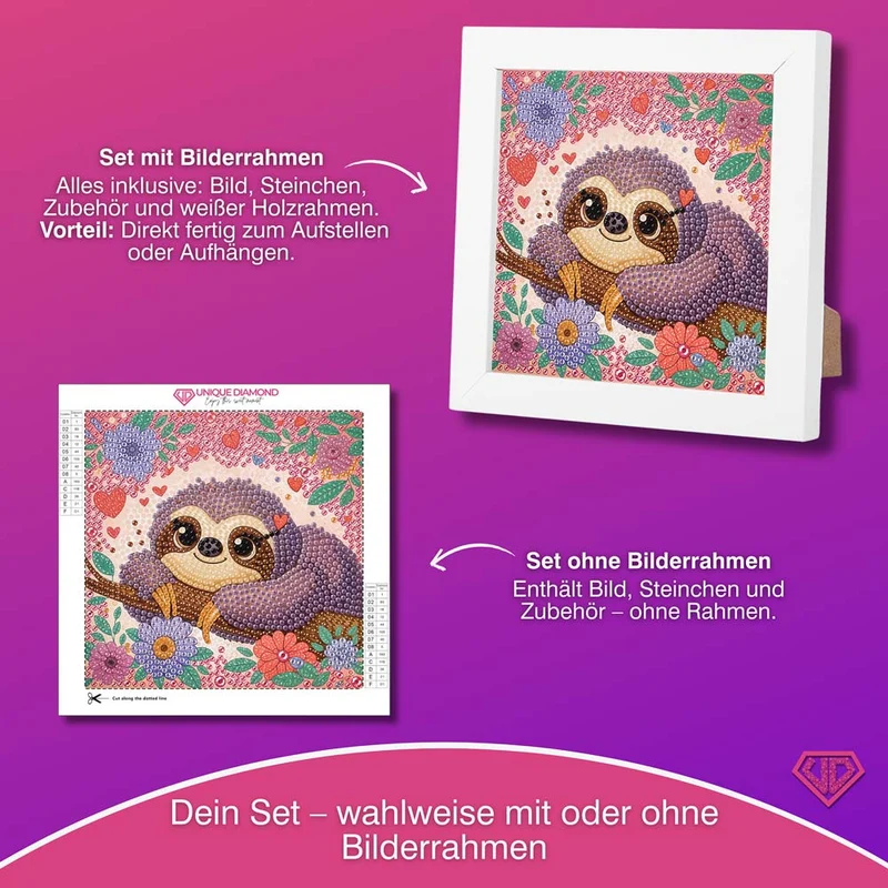 5D Diamond Painting Faultier Flora im Blütenzauber mit Strasssteinchen