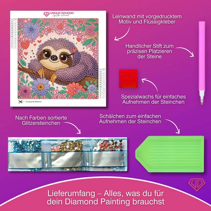 5D Diamond Painting Faultier Flora im Blütenzauber mit Strasssteinchen