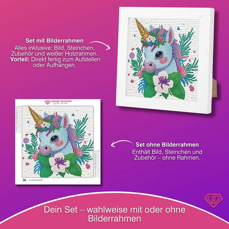 5D Diamond Painting Einhorn Elina im Blütenzauber mit Strasssteinchen