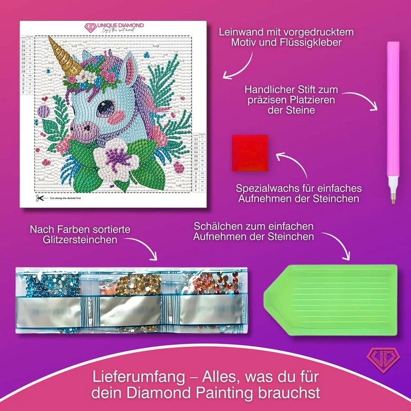 5D Diamond Painting Einhorn Elina im Blütenzauber mit Strasssteinchen