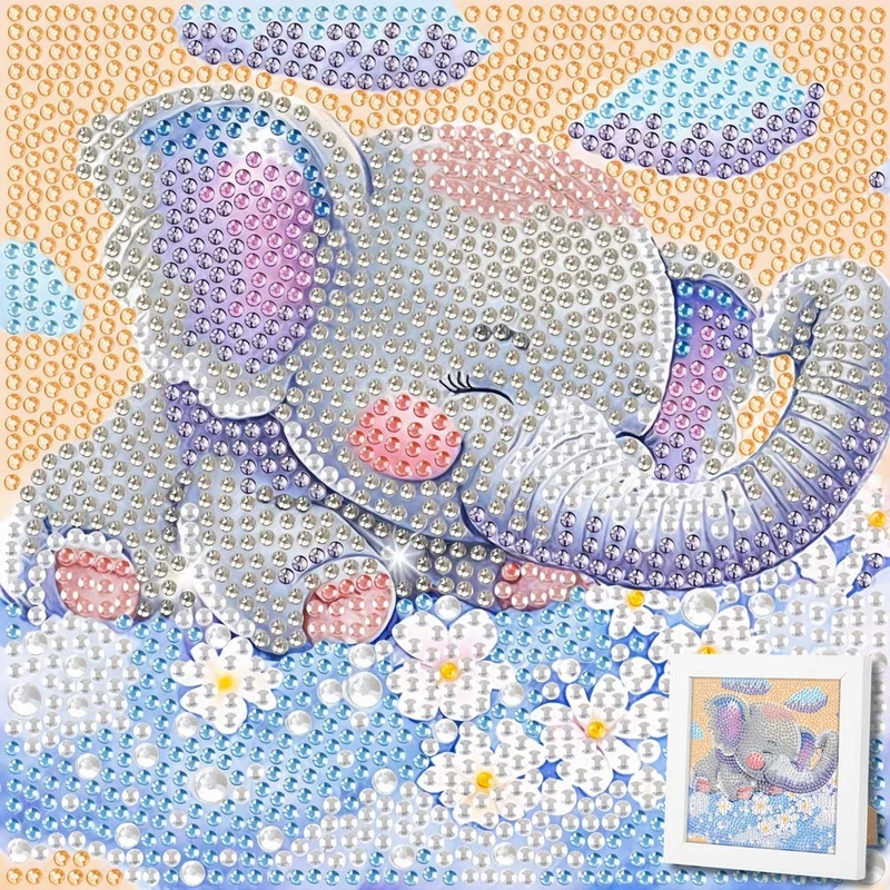 5D Diamond Painting Träumender Elefant Emil auf Blumenwolken mit Strasssteinchen