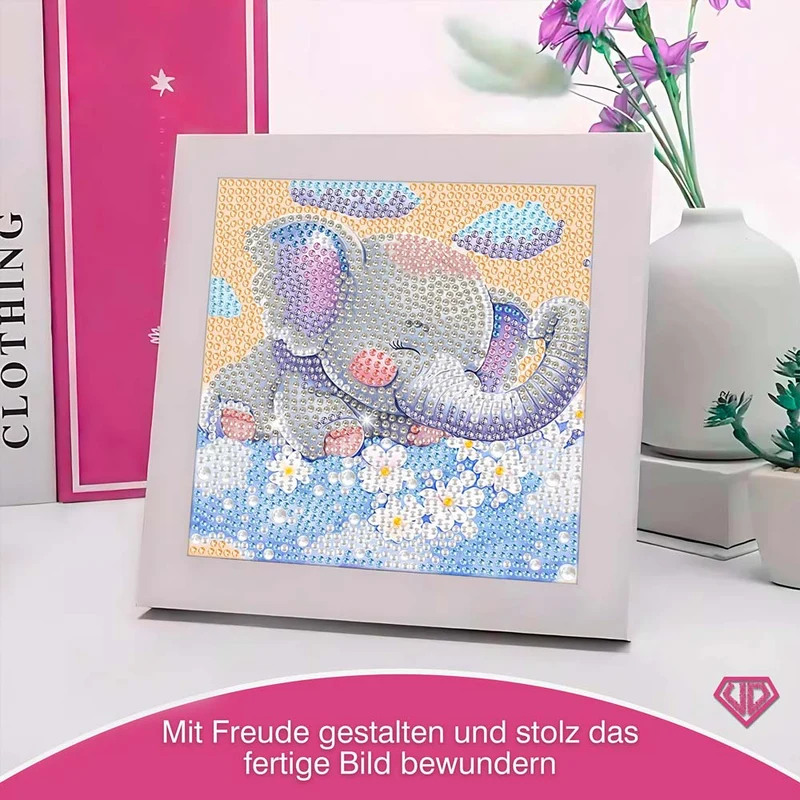 5D Diamond Painting Träumender Elefant Emil auf Blumenwolken mit Strasssteinchen