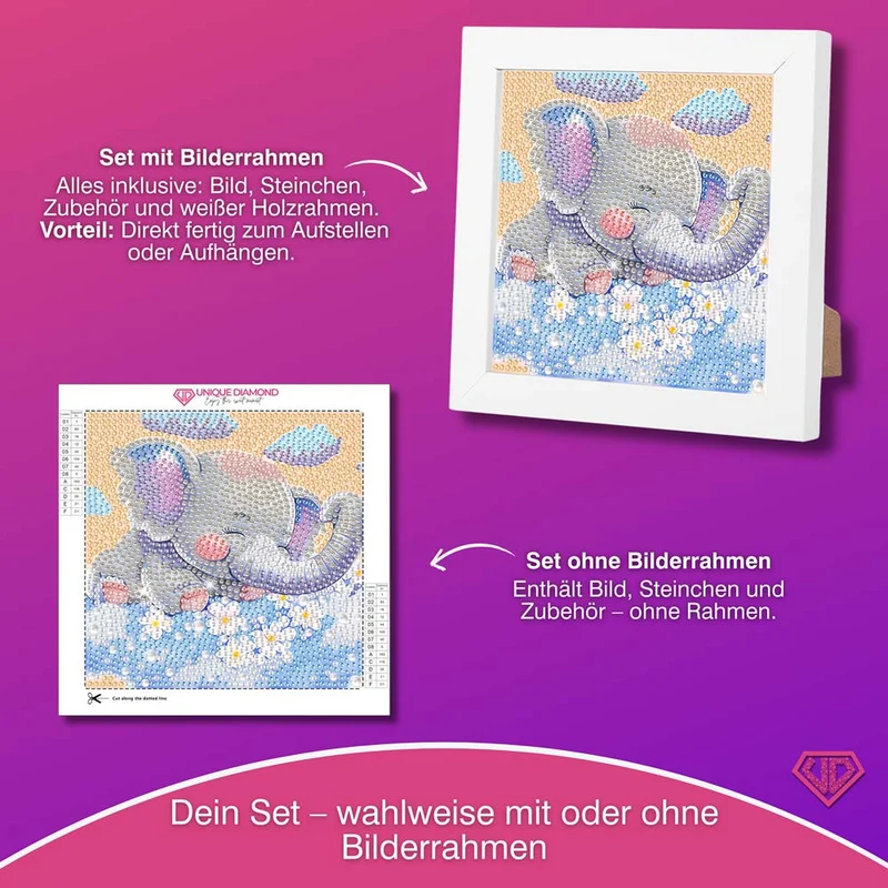 5D Diamond Painting Träumender Elefant Emil auf Blumenwolken mit Strasssteinchen