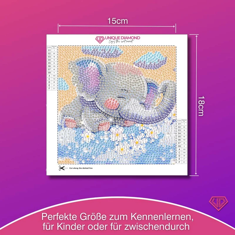 5D Diamond Painting Träumender Elefant Emil auf Blumenwolken mit Strasssteinchen