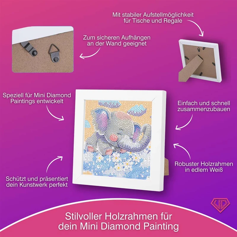 5D Diamond Painting Träumender Elefant Emil auf Blumenwolken mit Strasssteinchen