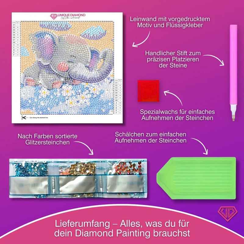 5D Diamond Painting Träumender Elefant Emil auf Blumenwolken mit Strasssteinchen