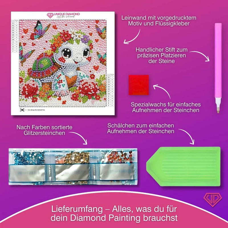 5D Diamond Painting Fröhliche Schildkröte Lilia mit Strasssteinchen
