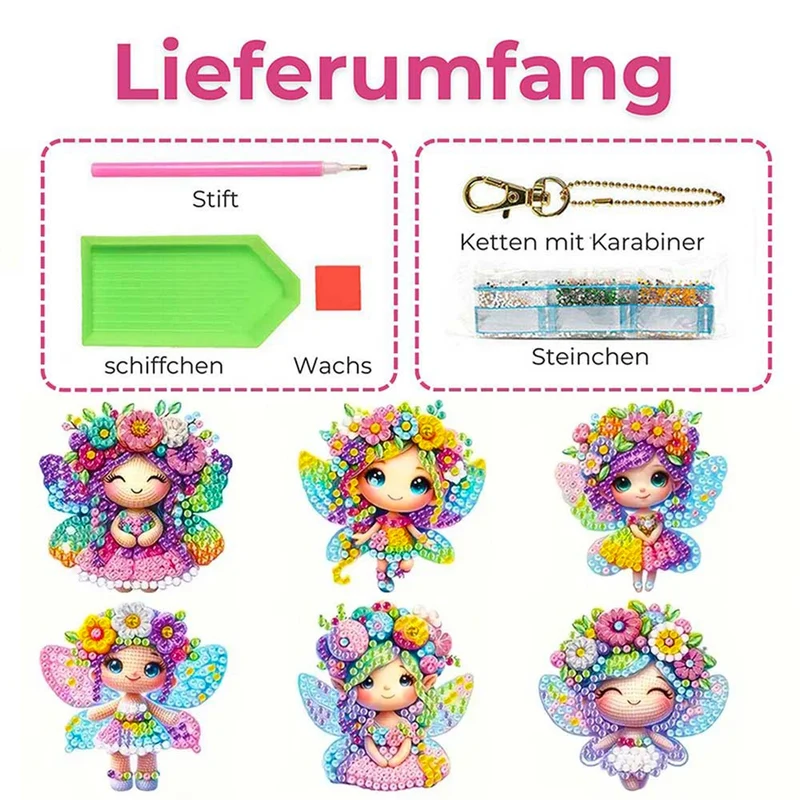 5D Diamond Painting Anhänger – Feenzauber und Blütenglück 6 Stück