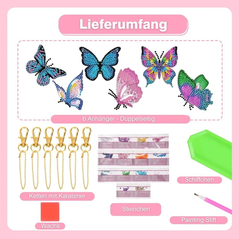 5D Diamond Painting Anhänger – Schmetterlingspoesie 6 Stück